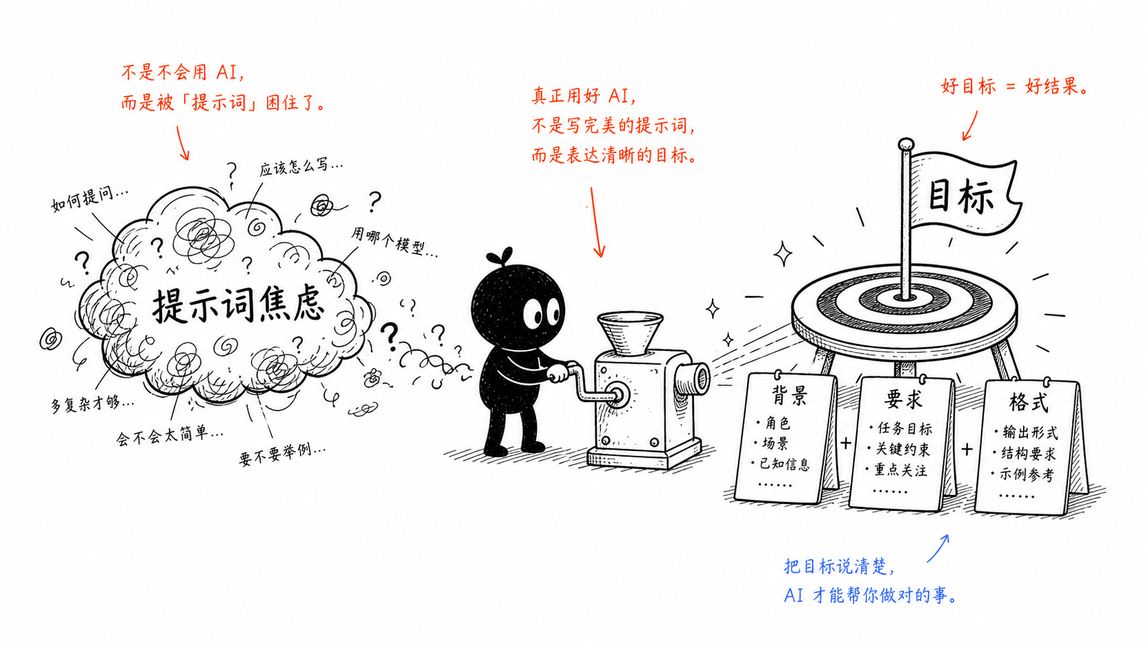 小黑把提示词焦虑云整理成目标旗帜，并补上背景、要求和格式三张卡片。