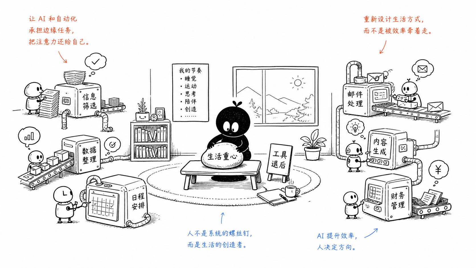 小黑坐在生活重心旁边，让自动化机器退到房间边缘运行。