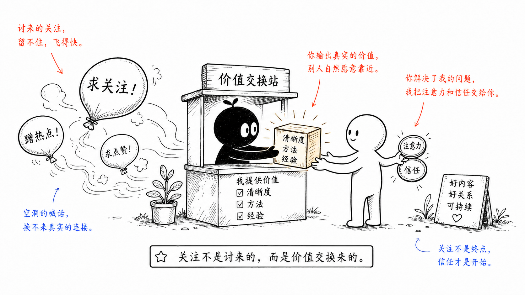 关注不是讨来的，而是价值交换来的。