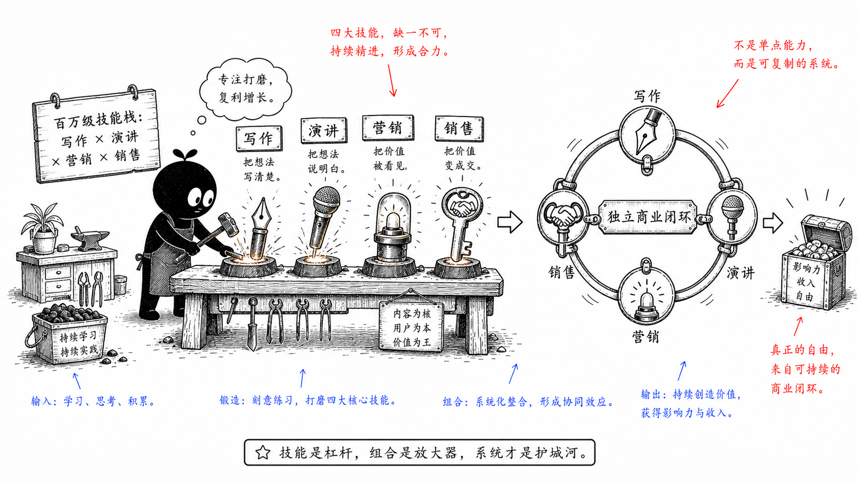 写作、演讲、营销、销售，组合成独立商业闭环。
